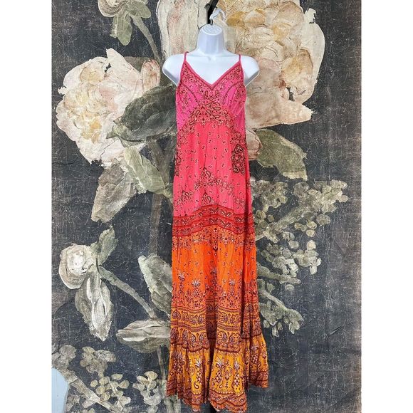 New Farm Rio Anthropologie  Maxi Dress Pink Paisley Sunset Size Large Cover Up - Picture 10 of 10
